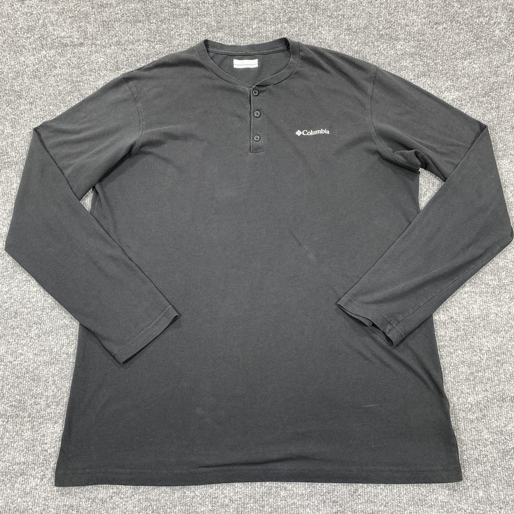 Columbia Shirt Mens Large Tall Black Long Sleeve Henley Moisture Wicking Jersey